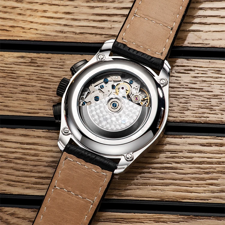 Mexda Chrono Watch Men Automatic Pilot Analogue Watch Orologio Glass Leather Strap Automatic Movement Men Leather Wa