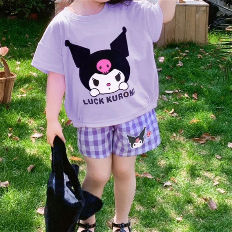 Kawaii Sanrioss Summer Kids Set Kuromi Cinnamoroll KT My Melody Anime Nightgown T-Shirt Shorts Sexy Bikini Panties for Children