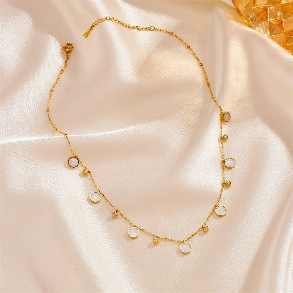 Fashionable Simple Titanium Steel Necklace for Women Trendy Clavicle Chain Temperament Multiple round White Beret Stone Holder