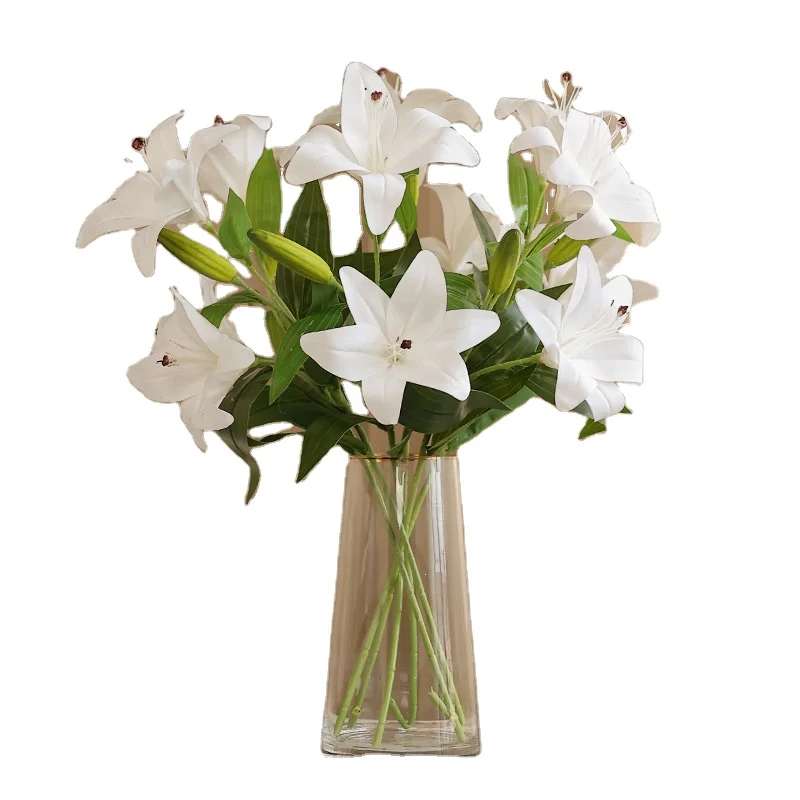 Hot Sale Artificial White Single Tiger Lily Flower with 2 heads and 1 Bud for Home Table Party Garden Shop Office Decoration