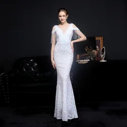 Trumpet/Mermaid V-Neck Sweep Train Sequined Prom Evening Dresses With Sequins Tassel For Ladies