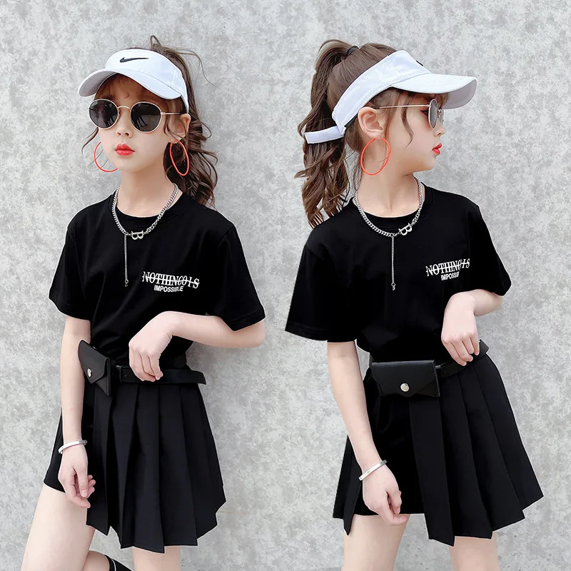Top Leader New fashion teen Girls Clothing set letter printed short sleeve T-shirt+pleated skirt+waist bag set clothing for kids