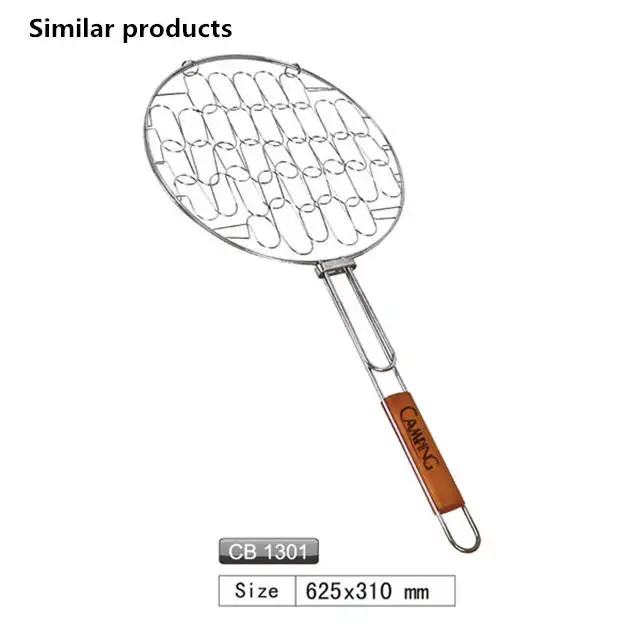 Multi functional outdoor cooking stainless steel wire mesh with wood handle bbq grill net basket