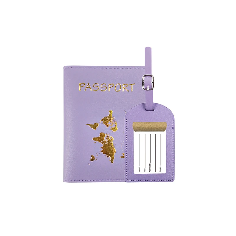 Solid color PU Travel Passport Holder Set Gold World Map Print Airplane Boarding Pass Suitcase Tag Wallet