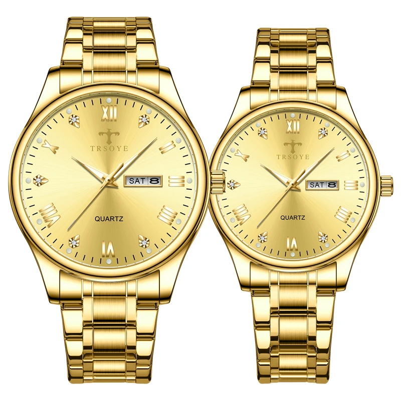New Stainless Steel Band Mens Women quartz Wrist Luxury Gold Couple Watch for Set Lovers Brand Fashion Relojes-hombr Reloj Mujer