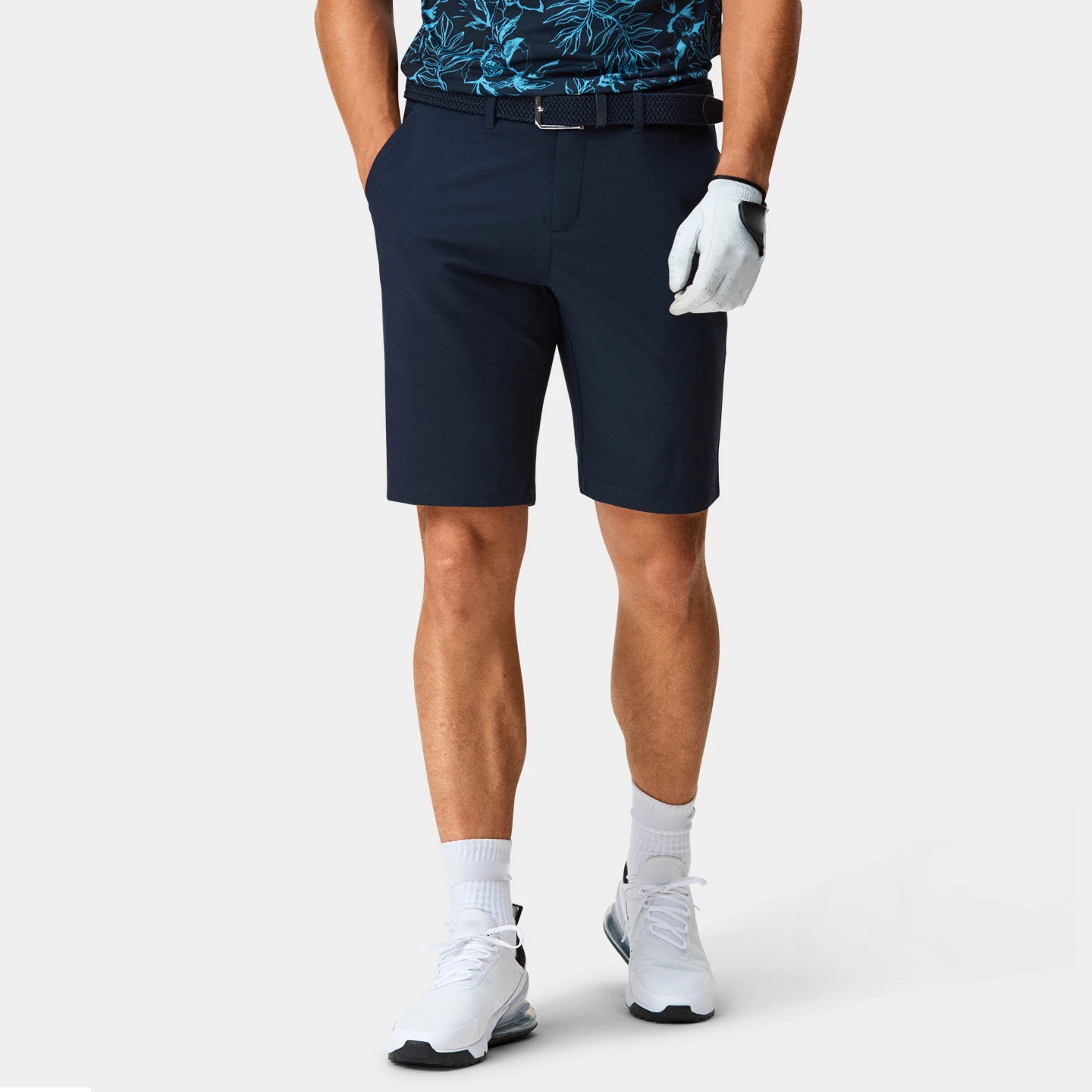 Custom logo quick dry fit lightweight active performance 90% polyester 10% elastane 4 way stretch mens navy golf shorts