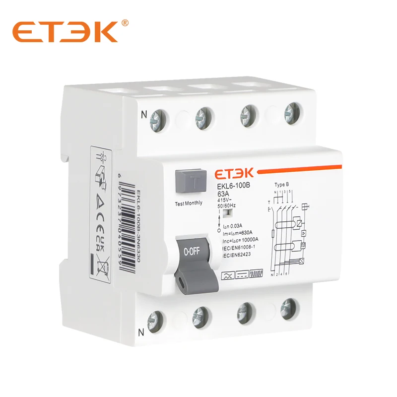 ETEK EKL6-100B Type B 3P+N 63A 30mA Type Class B RCCB RCD with TUV Rheinland CB CE Certified