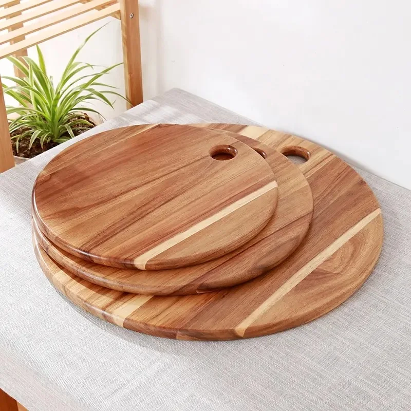 Factory Custom Round Acacia Double Side Wood Cutting Board for Meat Bread Charcuterie Suspension Type Wooden Chopping Blocks