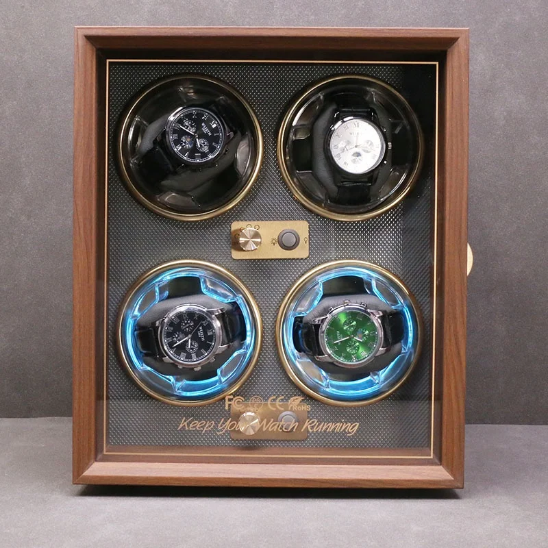 High Quality 4 Slot Automatic Walnut Grain Watch Winder Wood Paper Storage Blue Light Control Made Smart Watches Packaging Case