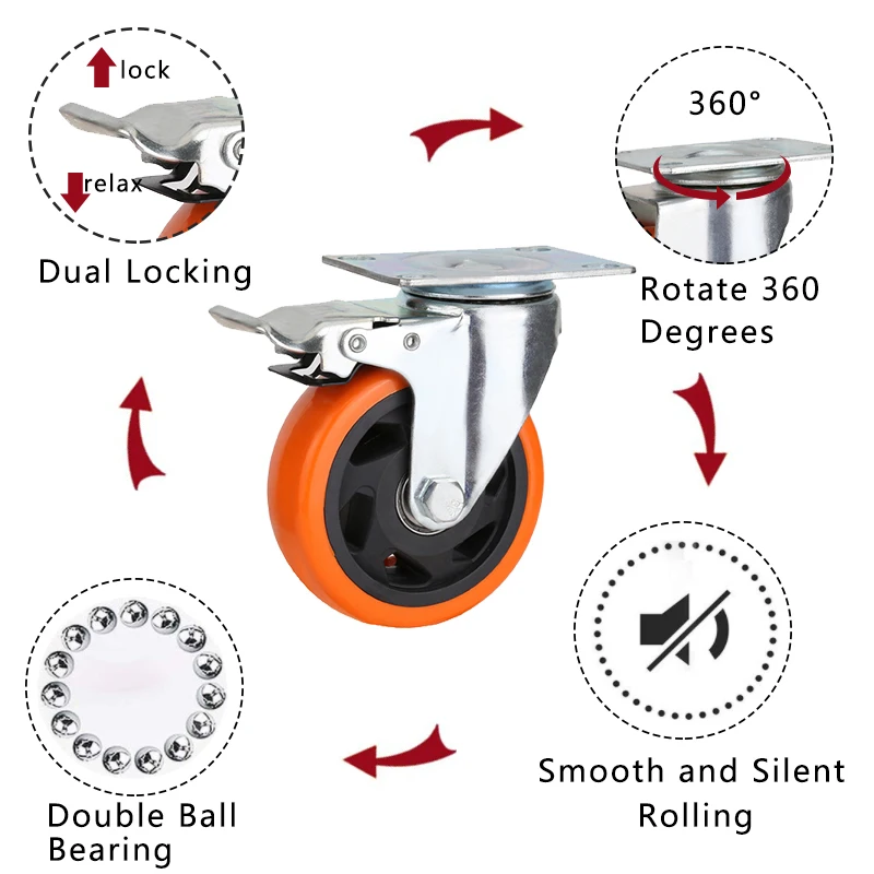 4 Inch 5 Inch Pu Table Trolley Casters Wheels Lockable Swivel Medium Duty Furniture Plastic Castor Wheel