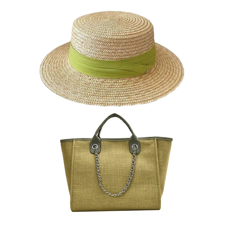 Best Selling Large Capacity Solid Color Beach Bag And Summer Hat Set Canvas Beach Fashion Tote Handbag Hat And Purse Set