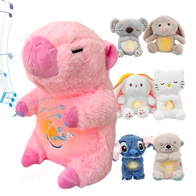 Baby Soothing Otter Plush Doll Toy Baby Kids Soothing Music Sleeping Companion Sound and Light Doll Toy Breathing capybara