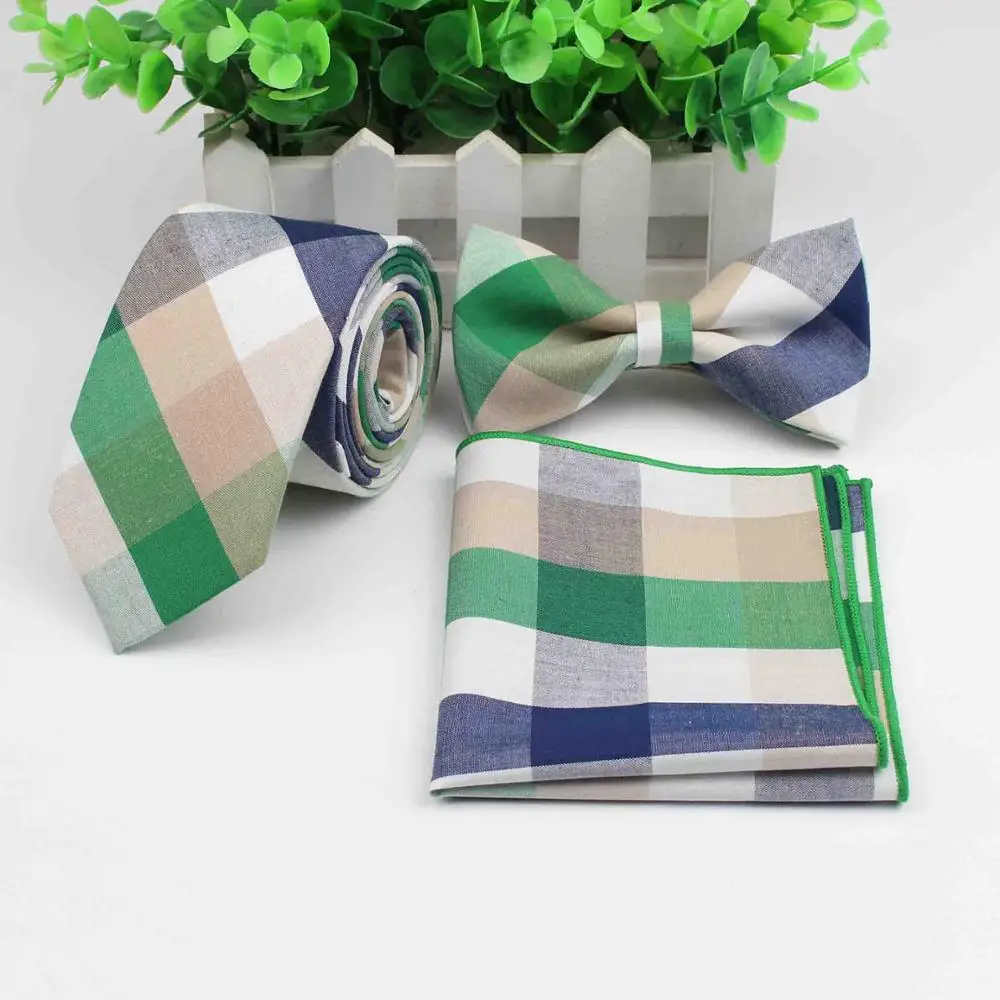 Cotton Neck Tie Set For Men Slim Necktie Strip Tartan Hankerchief Bowtie Set Papillon Wedding Cravat Butterfly Corbatas