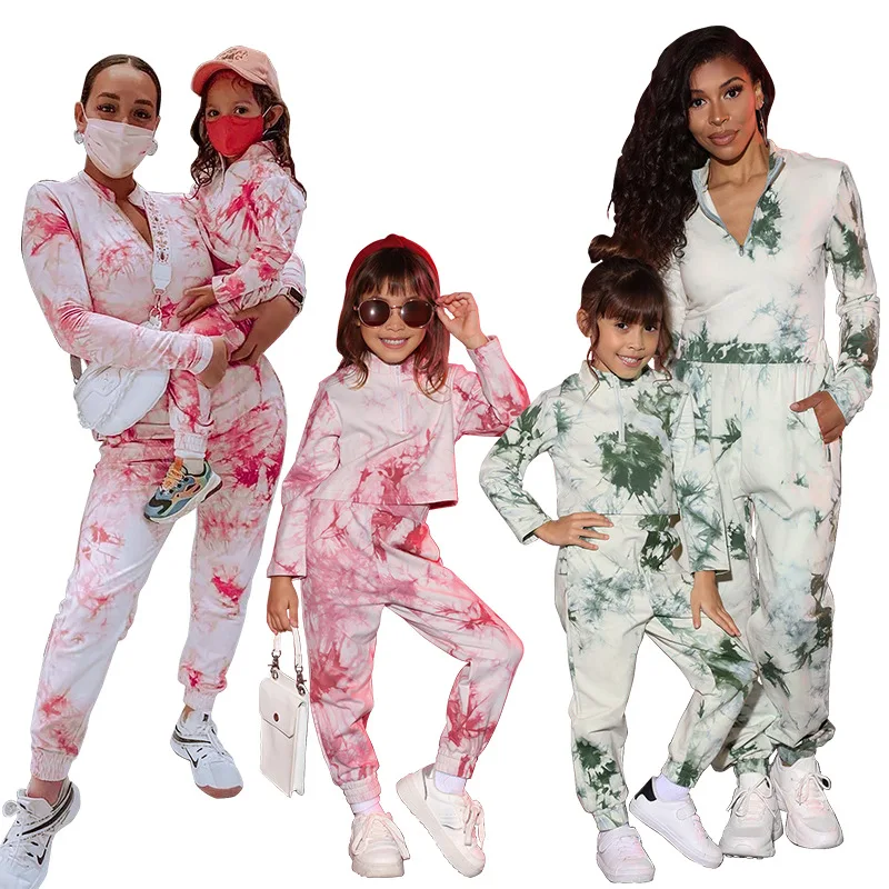 2021 Fall mommy and me outfits Tie dye hoody 2pcs long sleeve pants sets family matching Fall set women hoodies two piece sets