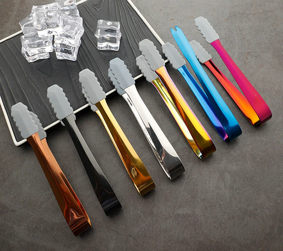 Kitchen Bar Accessories Mini Silicone Stainless Steel Food Serving Whiskey Cube Sugar Ice Tong