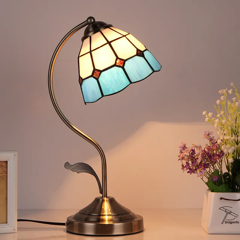 Modern Wrought Iron Desk and Bedside Lamp with Tiffany Lampshade for Home or Room Lighting