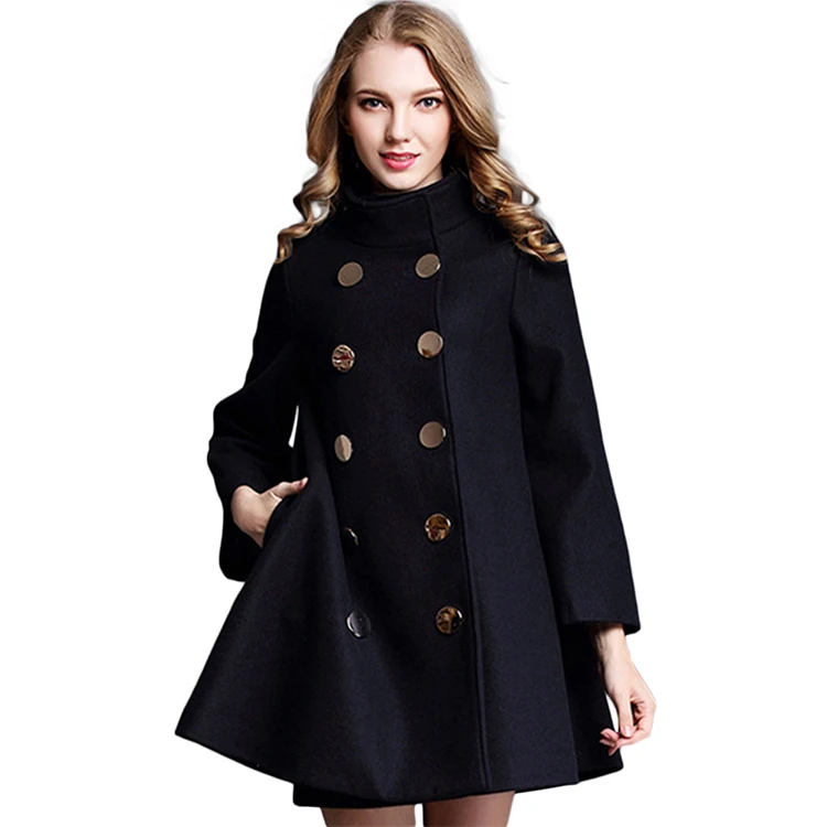 Lightly cooked style loose stand-up collar nine-point sleeves diagonal pockets double-breasted A-line skirt cloak woolen jacket