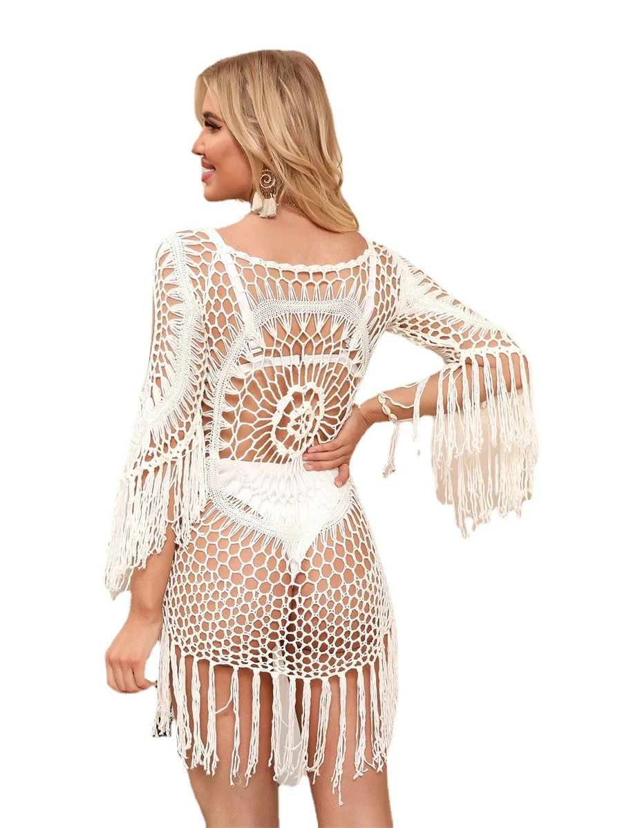 Crocheted Dress Off-shoulder Long Sleeve Beach Cover-up Hollow Loose Bikini Swimsuit Blouse  3 Colors Crochet Cover
