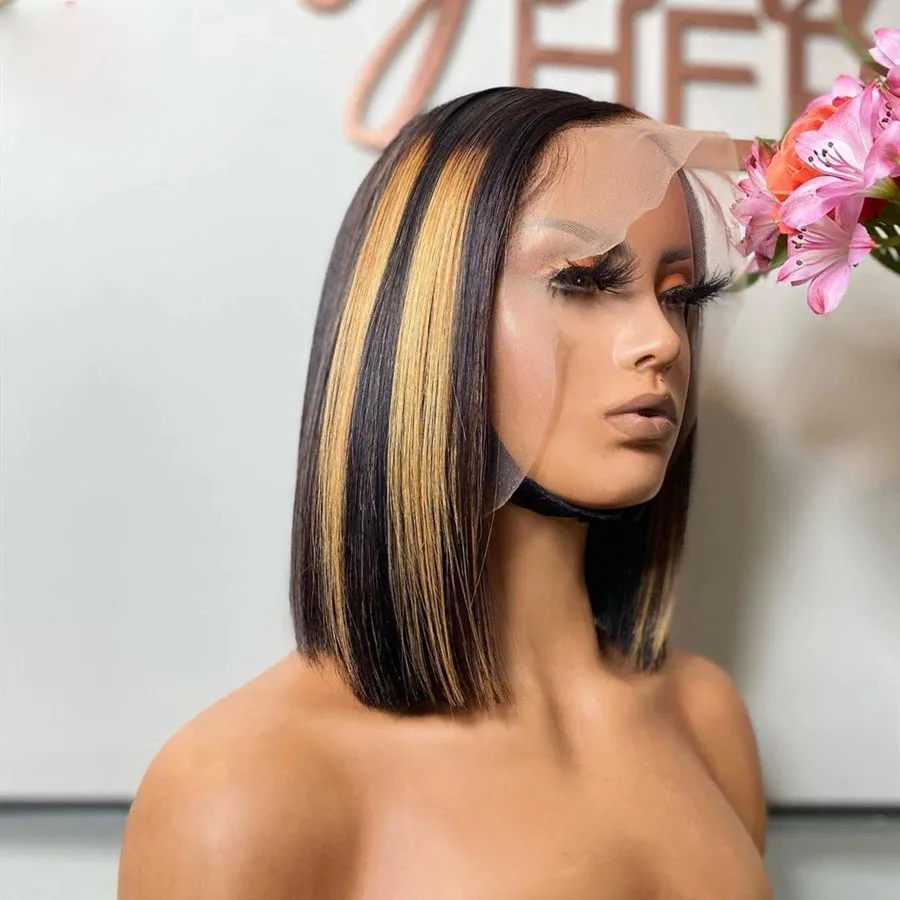 
Peruvian Highlight Blonde Short Bob Silky Straight Lace Front Wig Hd 13x3 Frontal Wigs For Wome Human Hair Preplucked 130-150% 