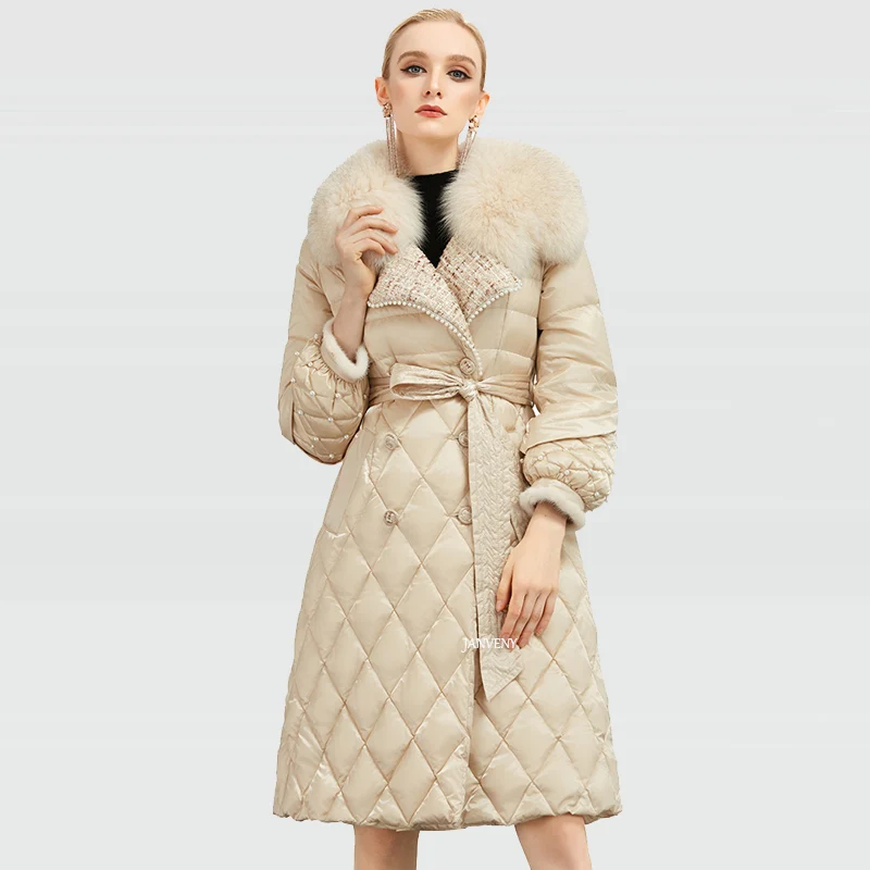 JANVENY High-End Irregular Fox Fur Collar Down Jacket Women Winter 2021 Double Breasted Lantern Sleeve Long Waist Puffer Coat