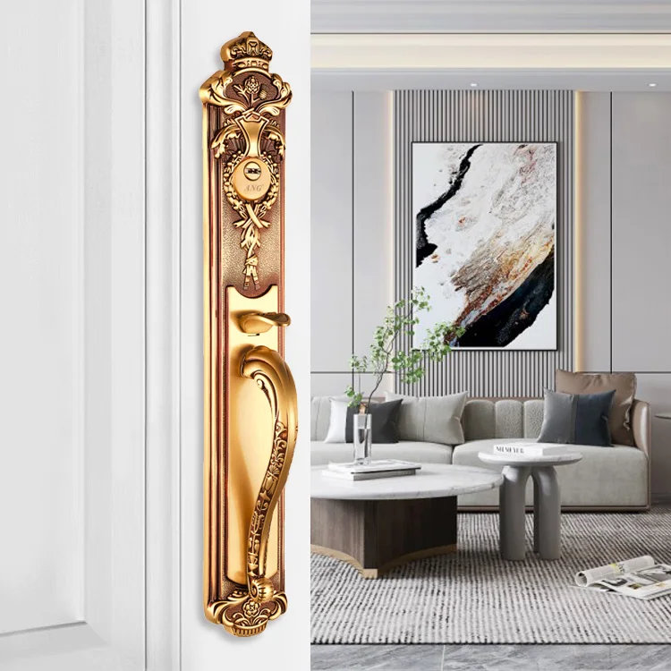 Hotel American Style Luxury Antique Handle Rose /24K Gold Color Copper Security Wood Door Cylinder Lock