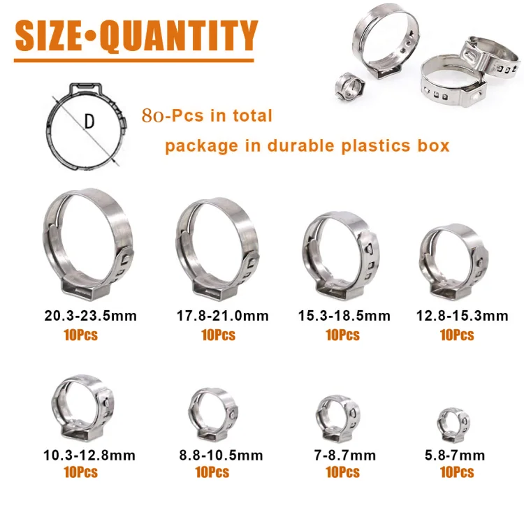 
XHOKLAMP 80pcs 304 Stainless Steel 5.8-23.5mm Single Ear Stepless Hose Clamps Assortment Kit, Cinch Clamp Rings 