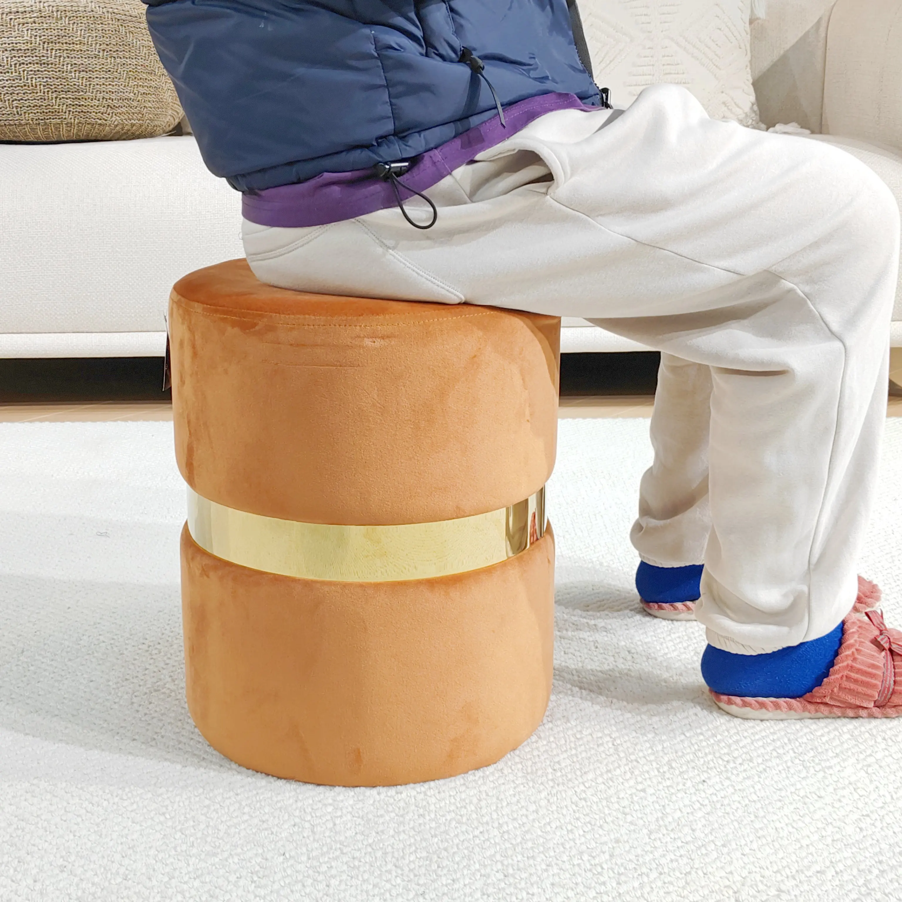 Bailey Custom Modern Nordic Velvet Footstool Stool Round Ottoman Pouf Golden Metal Circle Pouf Ottoman