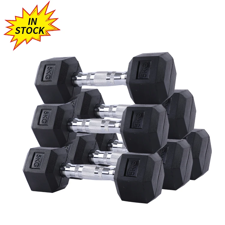 Wavar 10kg gym training equipment rubber coated 5 kg dumbbell steel in lbs hexagon hex dumbbells rubber sets