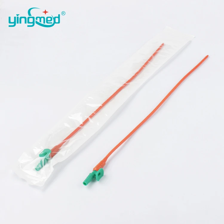 Disposable tracheal suction latex red rubber catheter with thumb tip control joint Red rubber latex suction catheter has hole