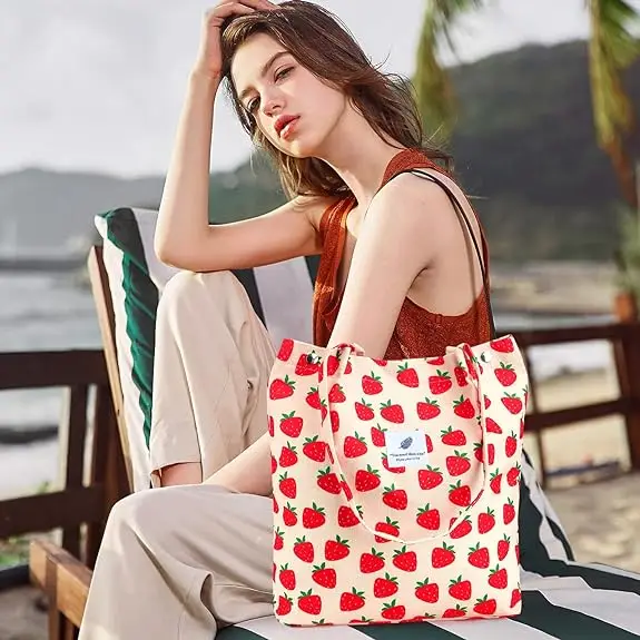 Eco-friendly Recycled Canvas Tote Bag Zipper Makeup Pouch Reusable Grocery Shopping Bags For Women