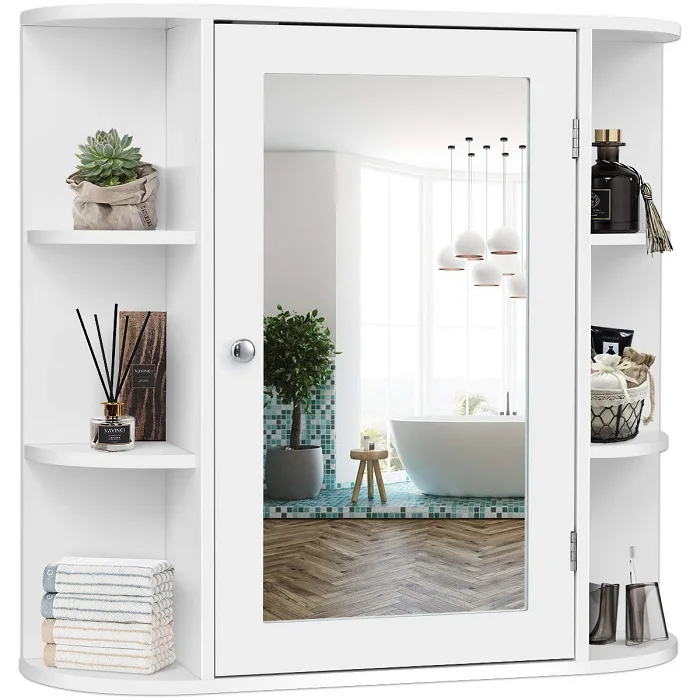 Single door wall mounted medicine cabinet with mirror  4 tiers inner shelves for cosmetics multifunction bathroom low  price