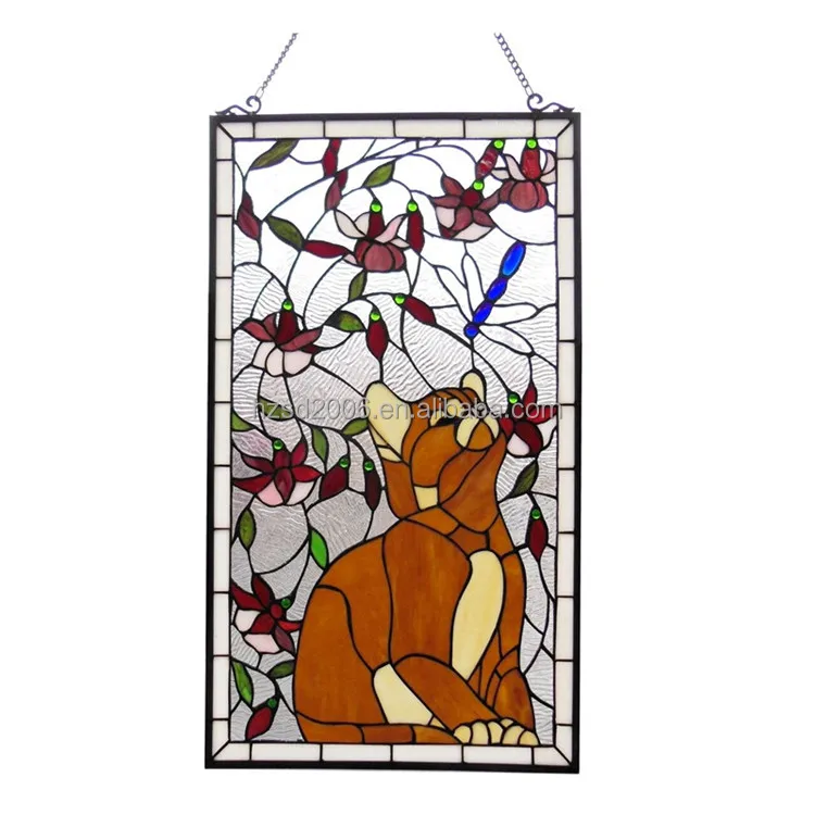3 mm Thickness Customized Cat Design Tiffany Hand Made Stained Art Glass For Door Window Hanging Panel