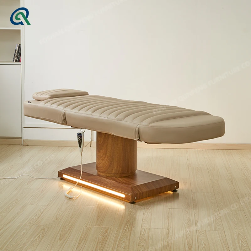 Qunpeng 2024 New Wood Base Massage Table Beauty Bed With Led Light Facial Treatment Lash Bed Salon Furniture