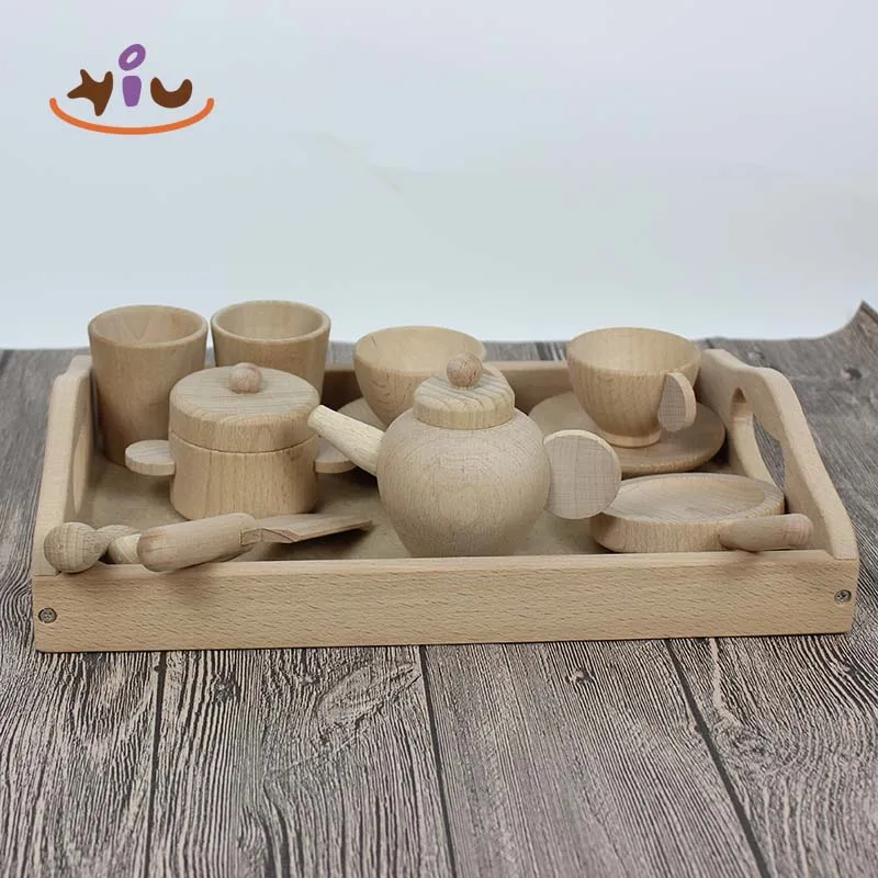 KIU Pretend Play Wooden Kitchen Tea Set Toys Wooden Afternoon Tea Toy Montessori Wooden Sensory Box