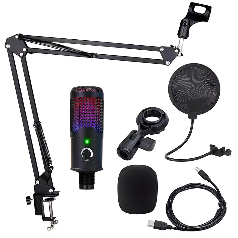Microfones Para Jogos Led RGB Shock Mount Table Desktop PC Computer Wired USB Recording Mic Condenser Studio Gaming Microphone