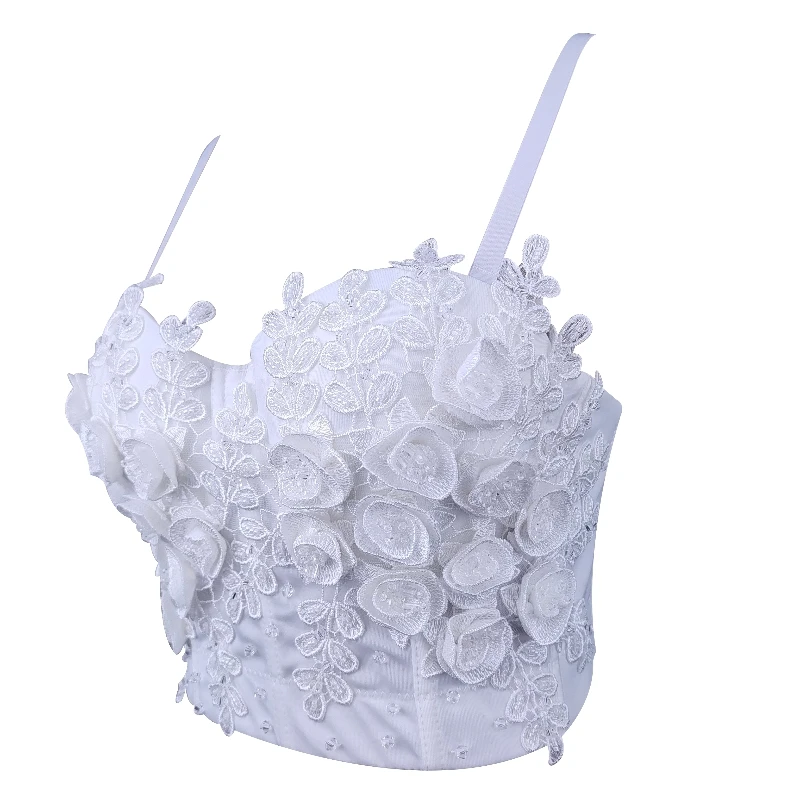 Stereoscopic Flowers Decorated Corset Bustier with Beading Black White Stylish Bustier for Live Stream and Festival