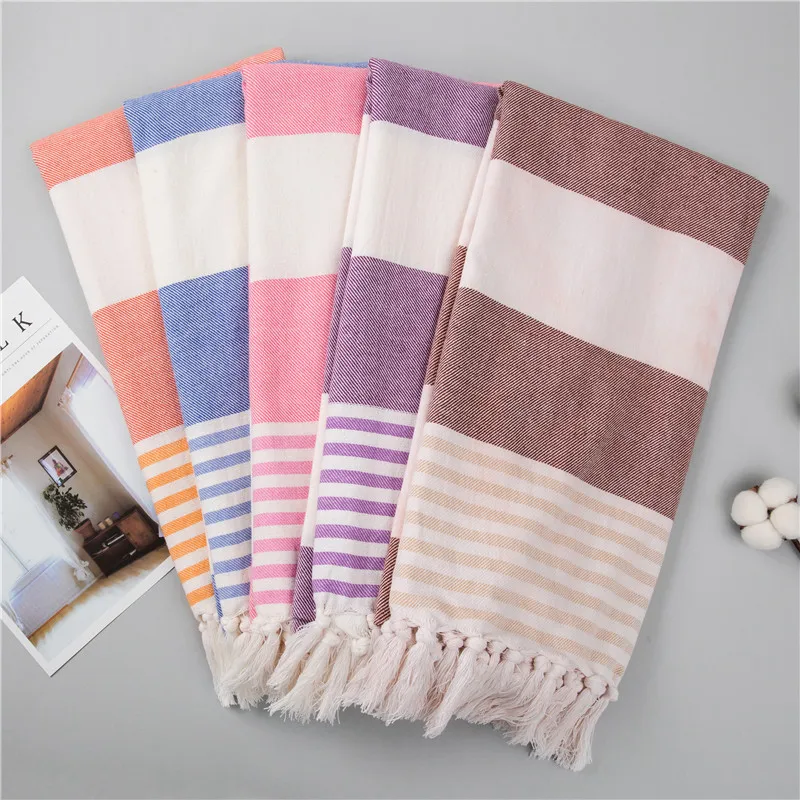 Soft Lightweight Rectangle Cotton Turkish Beach Towels Quick Dry Sand Free Oversized Custom Striped Tassel Beach Towel