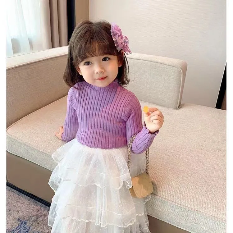 New Arrival Spring Children Wear Long Sleeve Cotton Knitted Solid Color Baby Girl Sweater