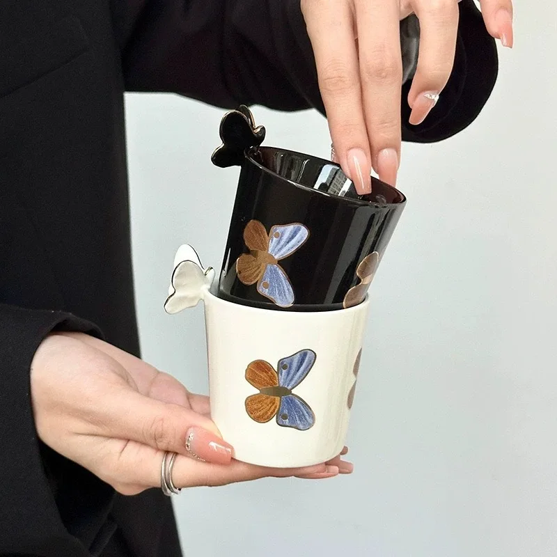 Lelyi Factory Direct Selling French Retro butterfly Handle Ceramic Coffee Cup and Saucer Light Luxury Mini Afternoon Tea Cup Set