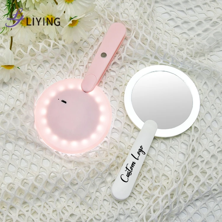 Wholesale Low MOQ Custom Logo Plastic Vanity Mirror Travel Small Portable Led Light Hand Held Makeup Mirror
