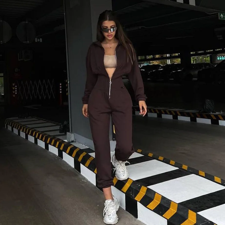 2023 Custom Uniform Casual Lapel Long Sleeve Zip Up Hoodie Workout Jumpsuits For Women 2023 Pants Set