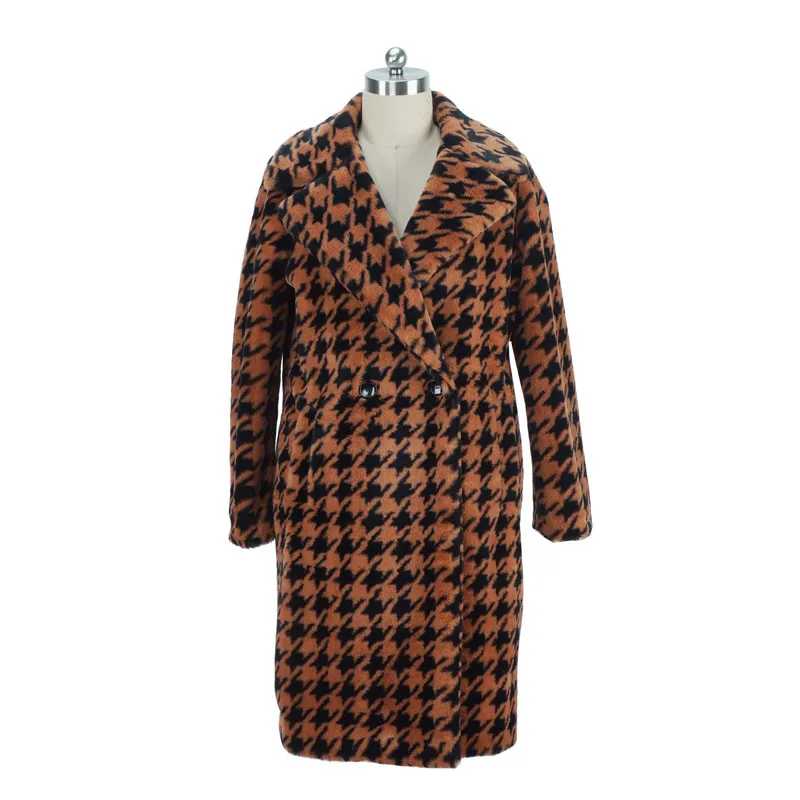 Wholesale Custom Houndstooth Hot Sale High Quality Long Coat New Designer Fake Fur Coats 2021 For Women