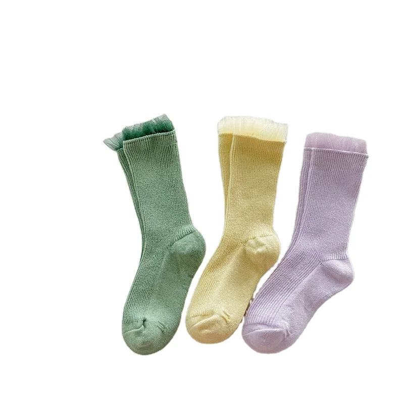 New Design Lace Lovely Princess Socks Solid Color Breathable Knee Length Cotton