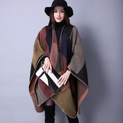 Женские контрастных цветов с отложным воротником, большие размеры кардиган пончо, плащ с капюшоном, открытые спереди и длинное зимнее пальто-свитер