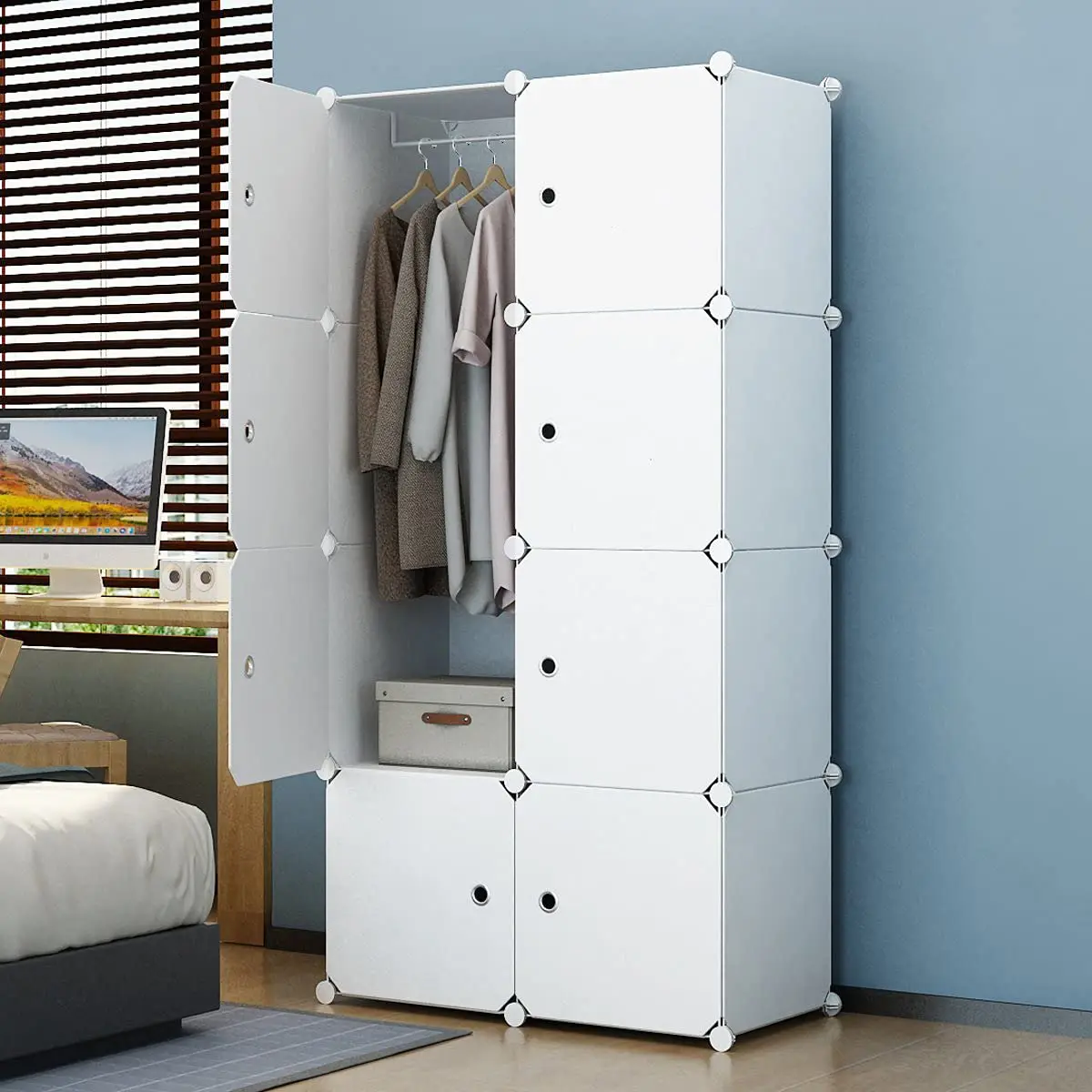 plastic wardrobe Cubes Shelf Cabinet with Bottom Shoes Shelf DIY Clothes Storage Shelves with Hanging Rods