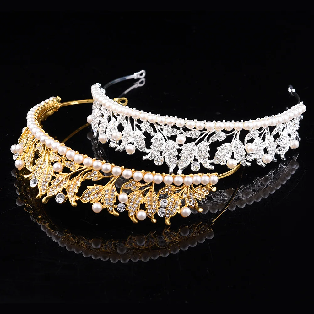 ZHG1067 Wholesale Fashion Leaves Princess Crown Bridal Rhinestones Pearls Crown Bridal Headpieces