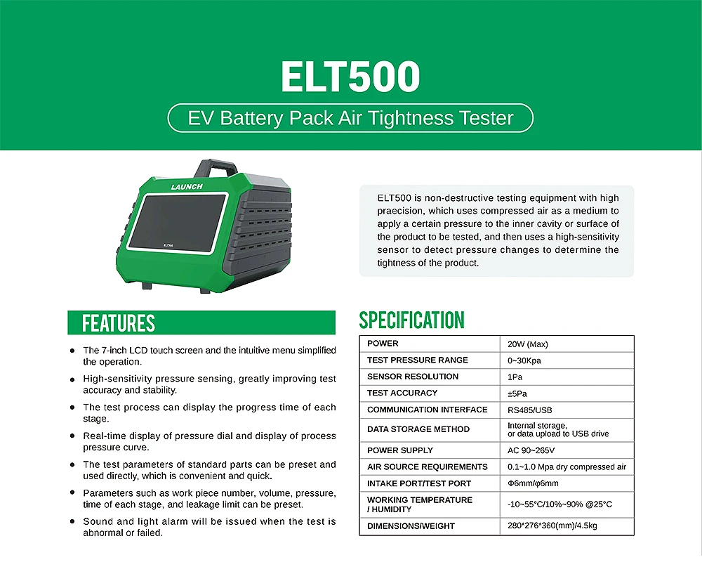 LAUNCH ELT500 High-Precision Non-Destructive Air Tightness Tester New Energy Battery Pack Detector AC Make Tool