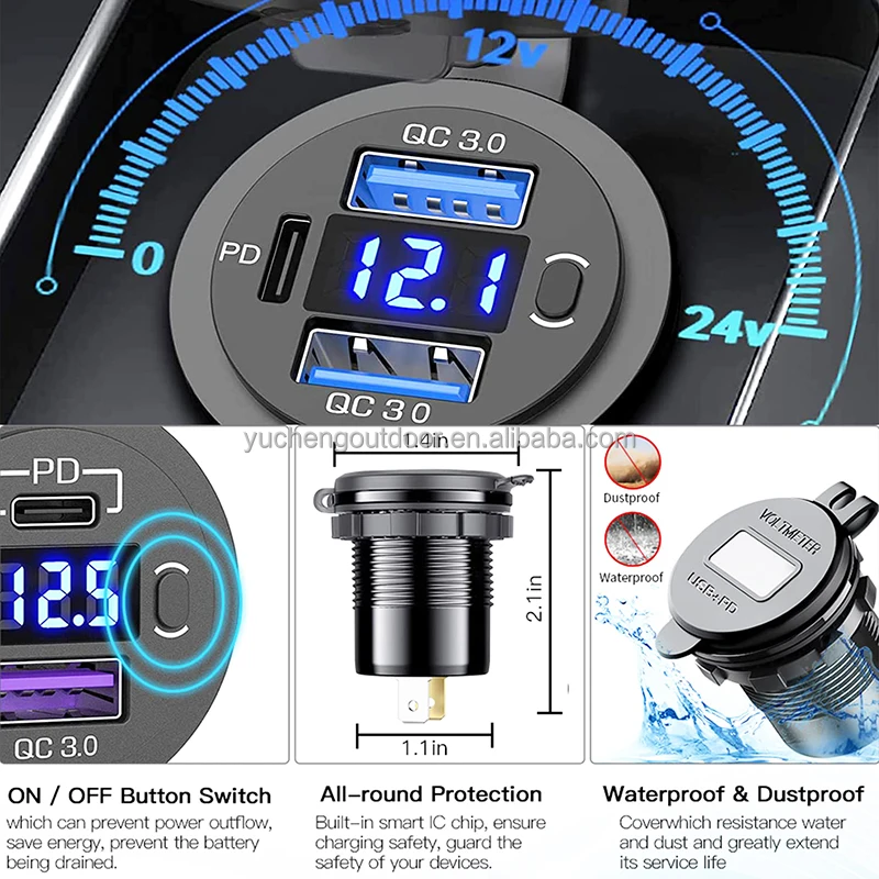 12-24V PD & QC3.0 USB Charger with LED Voltmeter Fast Car Charger Socket Outlet