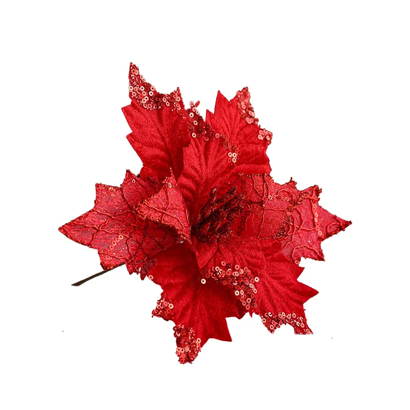 Sequin Christmas Artificial Flower 20cm Red Christmas Flowers Poinsettia Flower Christmas Artificial