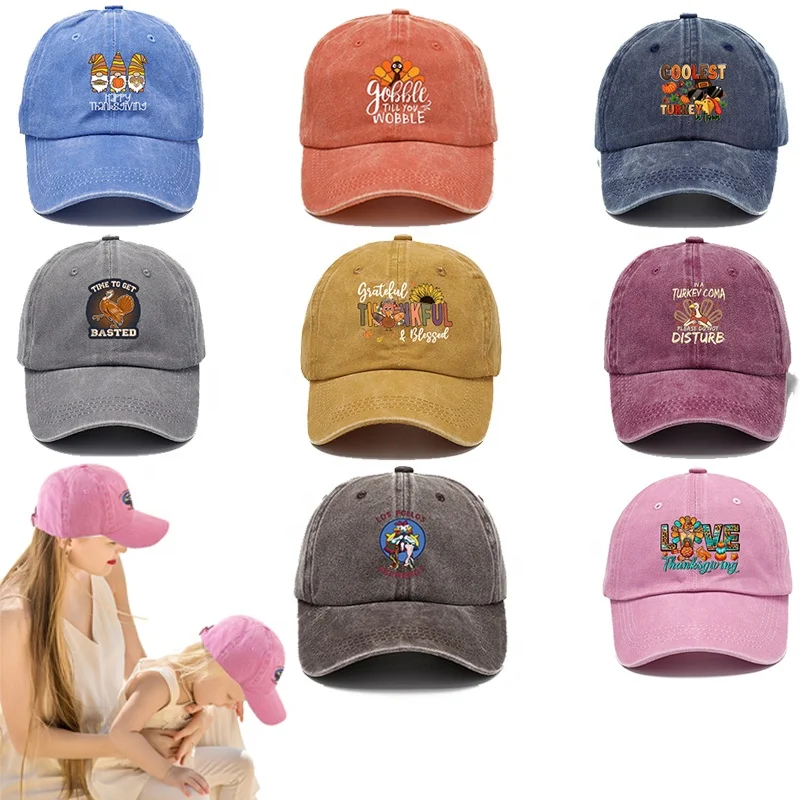 2024 New Custom thanksgiving Decorations Gift 6 Panel Outdoor Turkey Vintage Washed Cotton Casual Baseball Trucker Hats Dad Cap